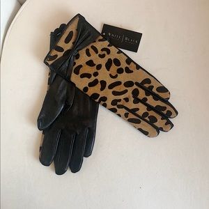 WHBM blk leather gloves with faux leopard front